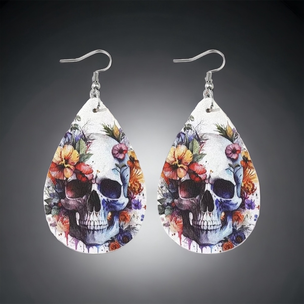 Colorful Flower Skull Pattern Teardrop‎ Dangle Earrings 
Faux Fashion Jewelry